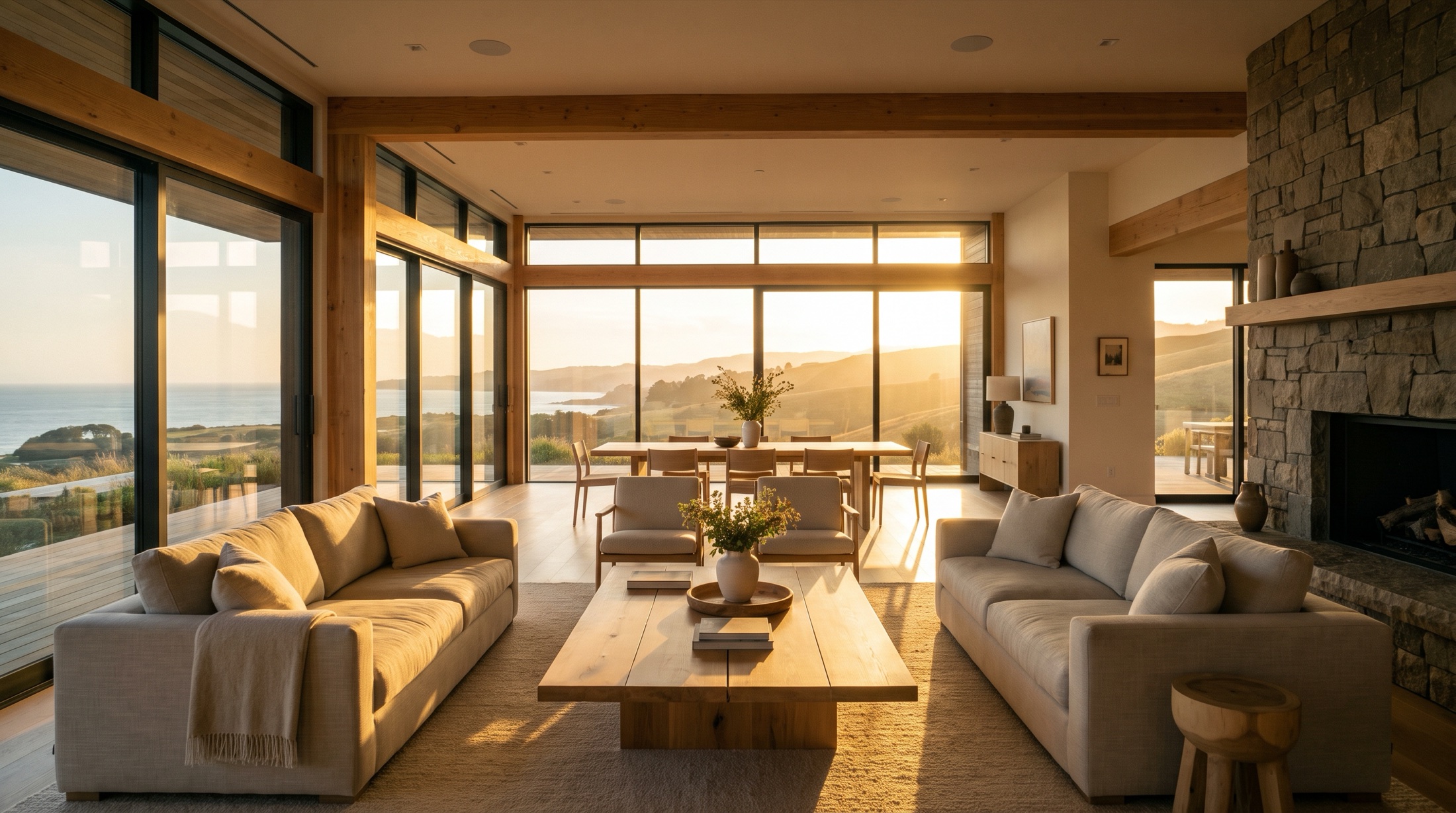A bright, beautifully finished open-plan living space at golden hour