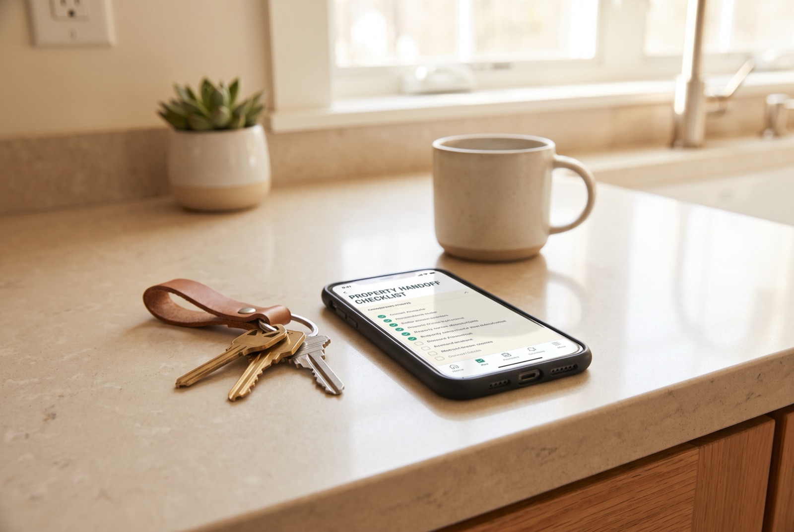 House keys on a clean counter beside a phone showing a completed property handoff checklist