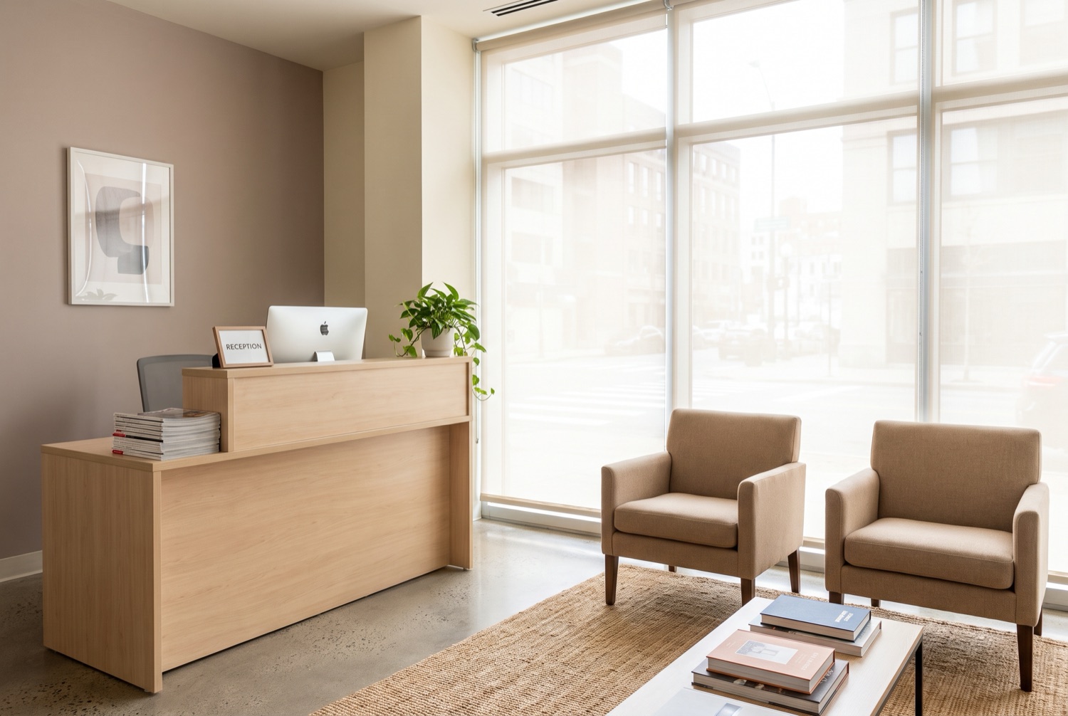 Clean, organized small office reception